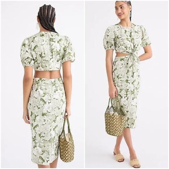 J CREW LIBERTY PRINT ORGANIC COTTON CANTEEN GREEN CUT OUT FLORAL MIDI DRESS - Picture 1 of 7